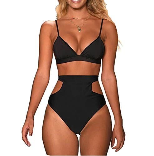Mitang Women's 2 Pieces Bikini Top High Waist Cutout Bottom Swimsuits Black
