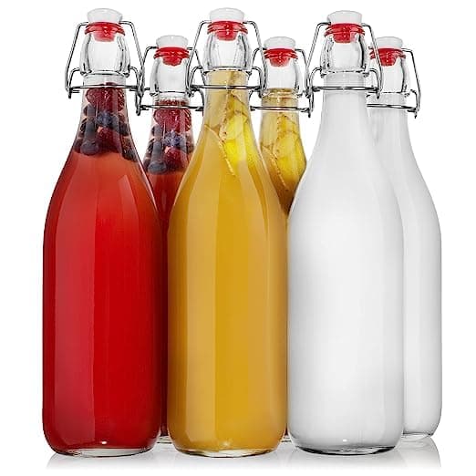 Glass Bottle with Stopper Caps, Set of 6-1000ml Swing Top Glass Bottles for Water,Smoothie, Juicer, Beverages, Oils, Kombucha, Kefir, Vinegar, Leak Proof Lids