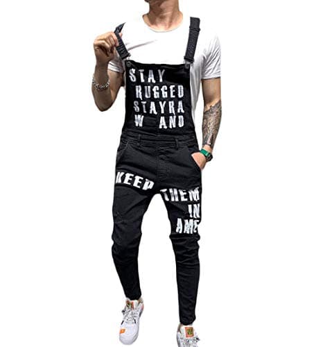 lisenraIn Men's Denim Bib Overalls Fashion Ripped Jeans Slim Jumpsuit with Pockets (Letter-Black, M)