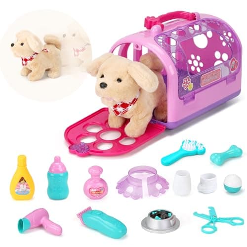 Pet Care Play Set Electric Vet Play Set-Walking ,Barking,Tail Wagging Little Plush Dog Grooming Toys with Puppy Carrier Feeding Dog Educational Toys for Toddler Kids