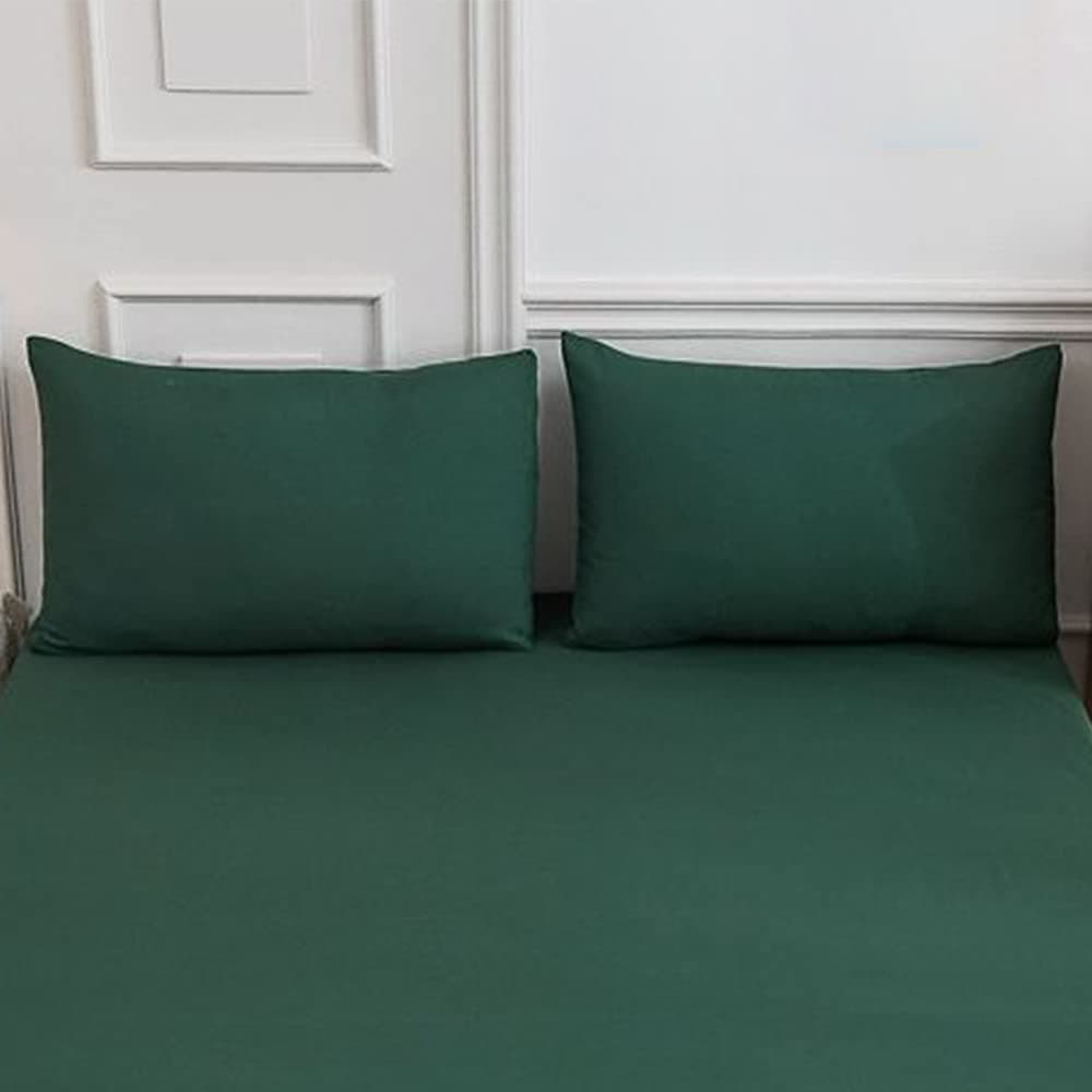 Solid color Fitted Sheets 100% Polyester Bedding Sheets, Chickwin Double King Single Size Bed for Deep Pocket 27cm - Shrinkage Fade Resistant Easy Care (dark green,2-Pillowcase)
