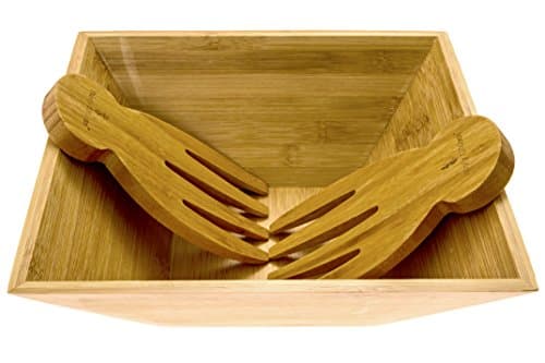 Bamboo Salad Bowl with Serving Hands; Large Eco-Friendly Bamboo Square Bowl with Matching Tosser/Server Claws; Stylish Design which Looks Great On Your Kitchen, By Falofy Kitchen