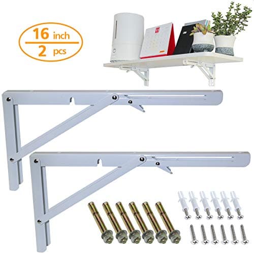 Boeray 16" Folding Shelf Bracket Carbon Steel Triangle Wall Mount Support White Heavy Duty Paint Bench Table Shelf Brackets 90 Degree Hinge Shelves Tables 220 lb / 100KG Load Pack of 2 with Screw