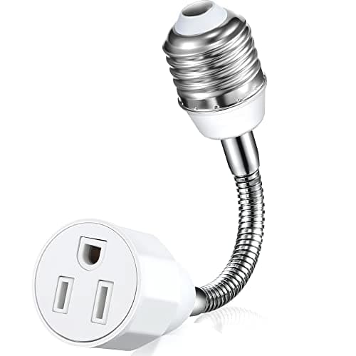 Outlet Socket Adapter 3 Prong, E26 E27 US Standard Goose Neck Light Bulb Extender Adjustable Receptacle Converter Grounded for Flood Lights Polarized Plugs, Indoor Outdoor Garden Patio Use (1 Pack)