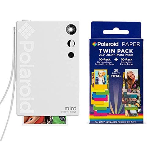 Polaroid Mint Instant Print Digital Camera (White), W/ 20 Pack Zink Zero Ink 2x3 Sticky-Backed Photo Paper