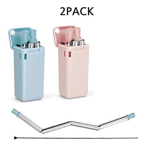 2 packs of collapsible straws, reusable straws, stainless steel straws, collapsible quality food grade portable set, with hard cover cleaning brush (pink and blue)