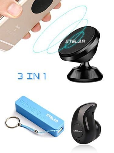 Stelar Magnetic Phone Holder for Car,2600mah Power Bank, for iOS,Android Mini Bluetooth Headphone, Wireless Invisible Headphone,Single Mini Bluetooth Earbud for,Accessories for car Complete Set