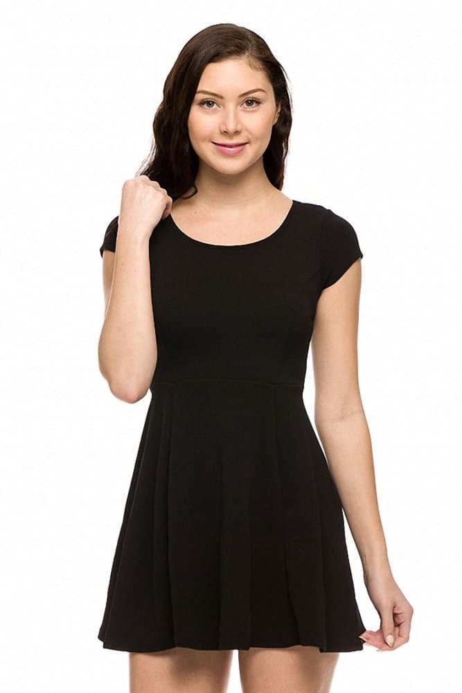 Sassy Apparel Womens Round Neck Cap Sleeve Fit and Flare Skater Skirt Dress (Large, Black)