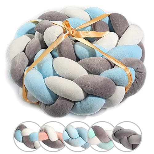 SXYHKJ Baby Crib Bumper Knotted Braided Soft Cot Bumper Braid Pillow for Crib Nursery Baby's Room Decoration Pillow Skin Soft for Baby Nursery Crib Bedding (200cm, White + Gray + Blue)