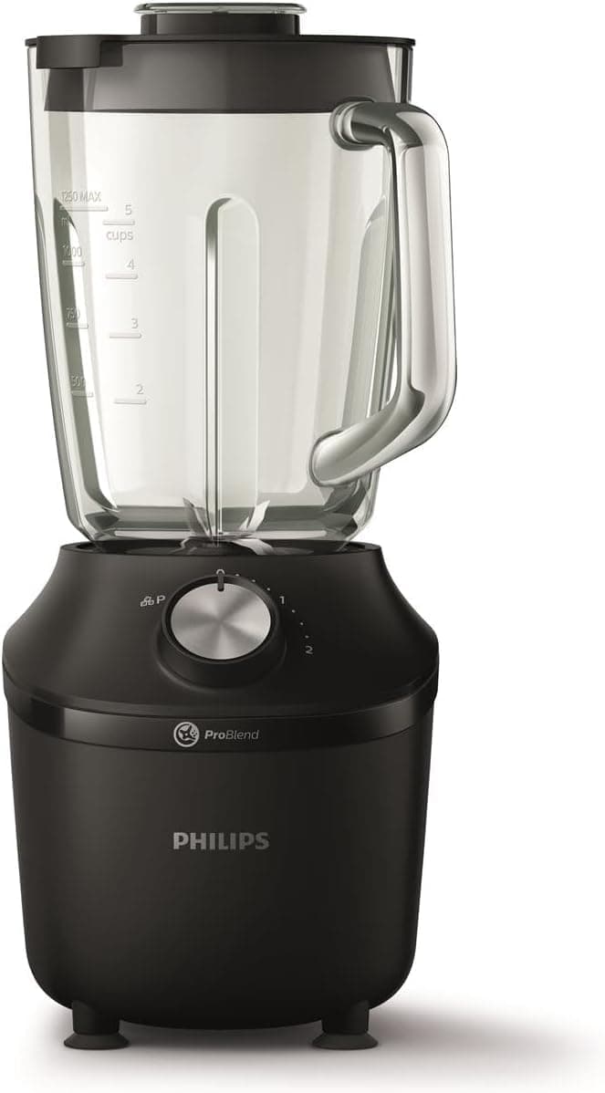 Versuni Philips Blender 3000 Series, ProBlend System, 2L Maximum Capacity, 1.25L Effective Capacity, 600W, 2 Speed Settings & Pulse, Glass Jar, Black (HR2291/01)