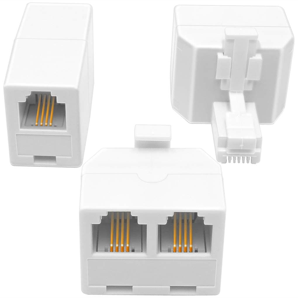 NECABLES 2+1Pack 2pcs Double Phone Jack Splitter RJ11 6P4C 1 Male to 2 Females and 1pc Phone Line Coupler for Landline and Fax White