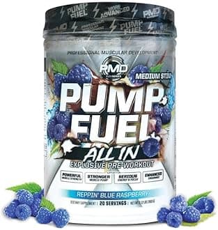 PMD Sports Pump Fuel All in Medium Stim, Ultimate Pre Workout Powder & Muscle Pump, Serious Energy, Focus, Endurance & Recovery, Premium Creatine & Beta Alanine, Reppin’ Blue Raspberry, 20 Servings