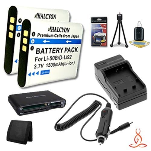 Two Halcyon 1500 mAH Lithium Ion Replacement D-LI92 Batteries and Charger Kit + Memory Card Wallet + Multi Card USB Reader + Deluxe Starter Kit for Pentax Optio WG-3, WG-2, WG-1, Ricoh WG-4, WG-20 Digital Cameras and Pentax D-LI92