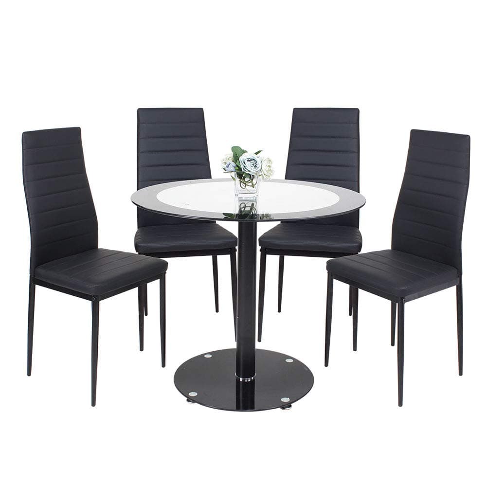 BELIWIN Dining Table and 4 Chairs Black,Glass Round Dining Table and High Back Chairs With Soft Padded Seat,Dining Set for Kitchen and Living Room