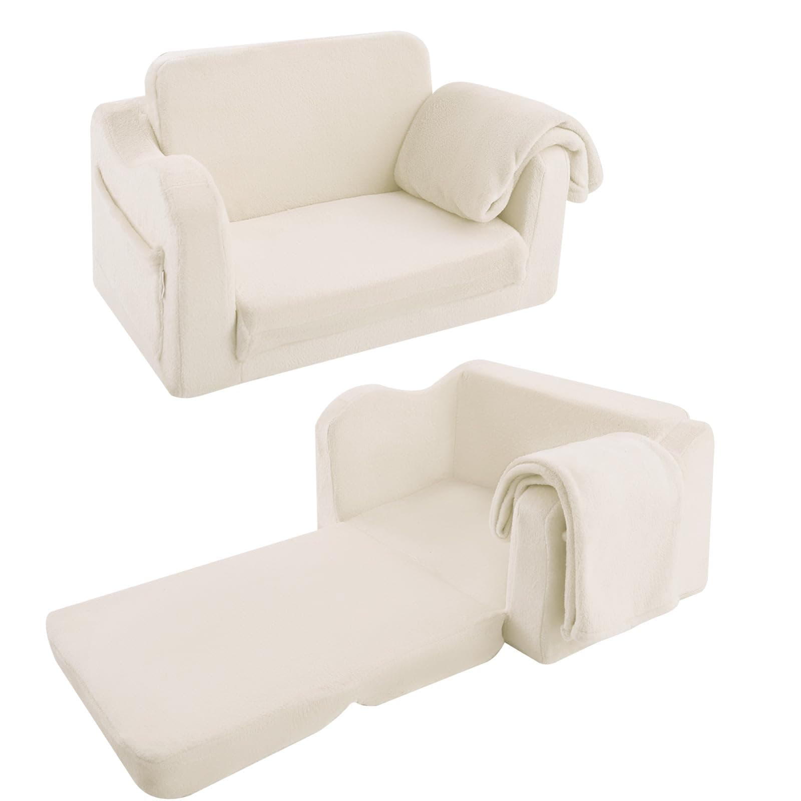 MeMoreCool Kids Fold-Out Couch with Blanket – Convertible Toddler Sofa Bed and Chair, Comfy Foam Pull-Out Lounger for Boys and Girls’ Playroom