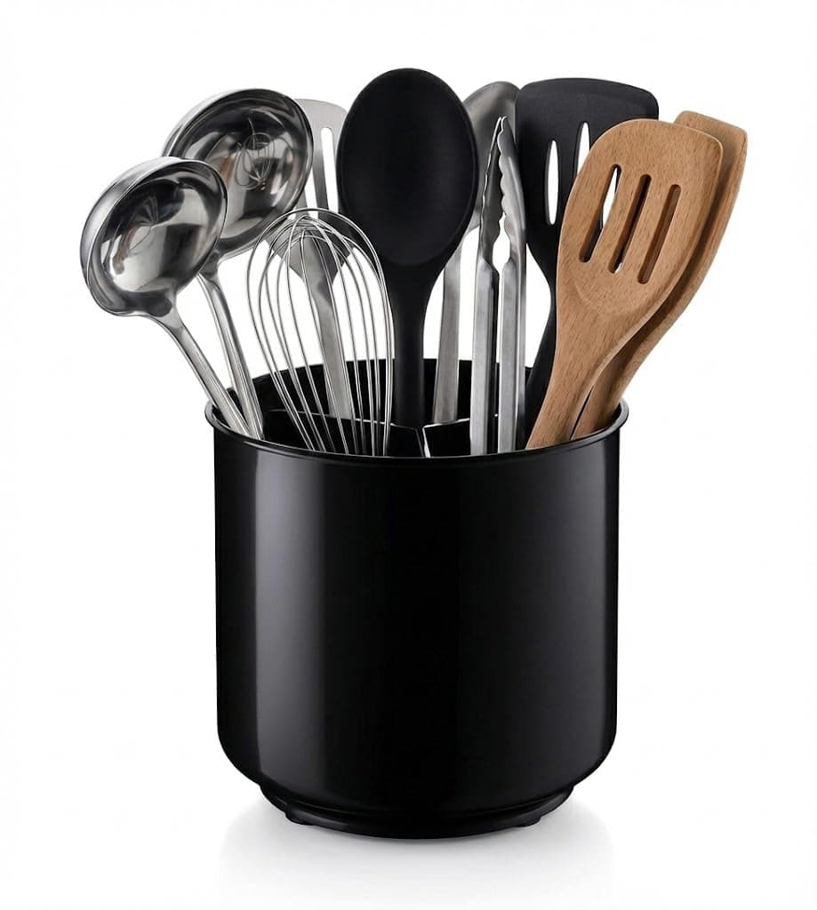 Cooler Kitchen Jumbo Extra Large Sturdy Rotating Black Utensil Holder Caddy with No-Tip Weighted Base, and Gripped Insert - Rust Proof and Dishwasher Safe Kitchen Utensils Holder