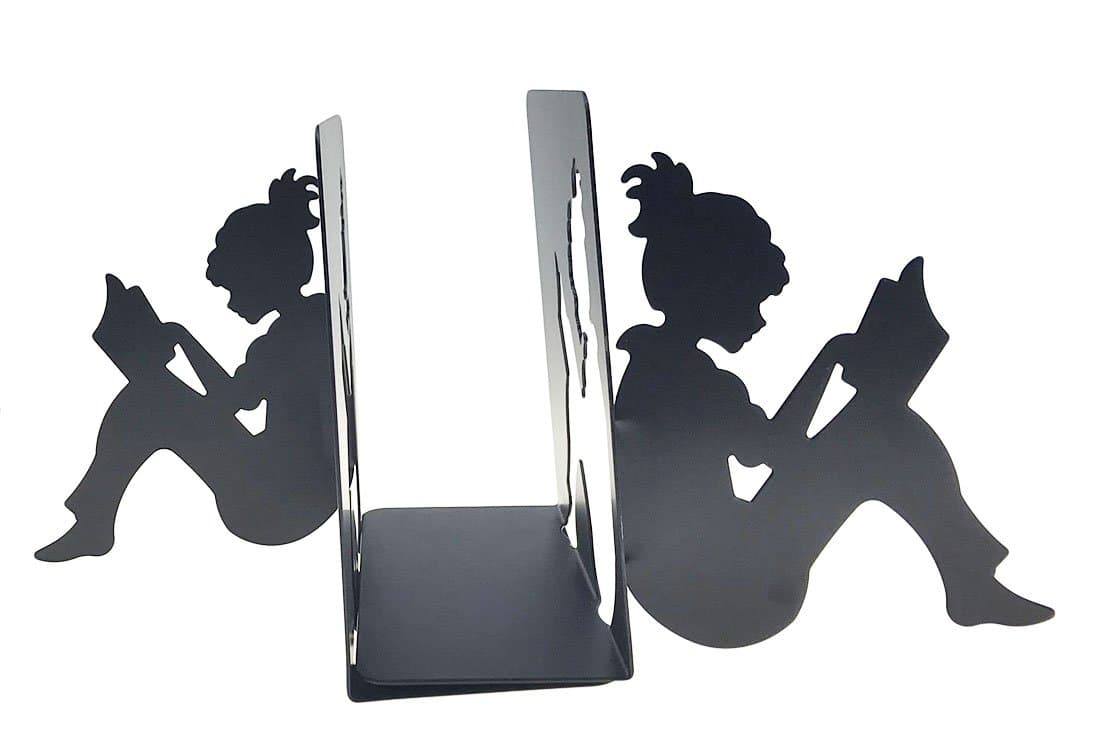 Arsdoll 3D Paper-cut Little Girl Is Reading Shape Heavy Duty Nonskid Iron Metal Bookend Decorative Book Holder Organizer For Office School Library Home Study Decoration Gift (Black)