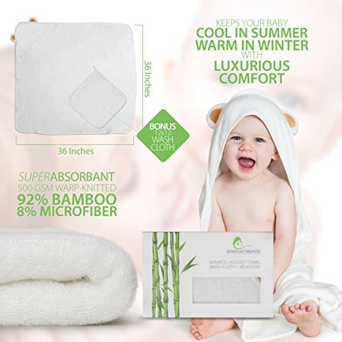 American Mommy Ultra Plush Thick Bamboo "Bear Ear" Hooded Towel, Extra Large 36x36 Inches for Baby and Toddler. SET Includes Baby Wash Cloth. Extra Soft Thicker Weight 500 GSM Knitted Terry