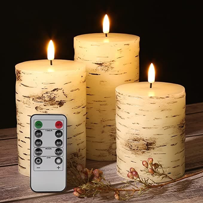 Eywamage Birch Bark Flameless Pillar Candles with Remote, Flickering Rustic Battery LED Wood Candles Set of 3