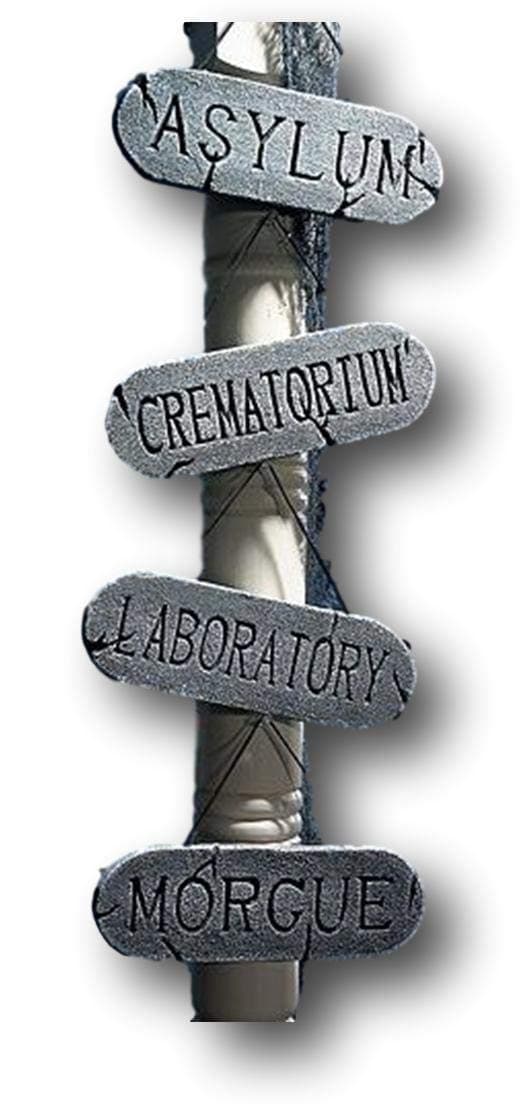 Chic Designs Set of 4 11.5" Hanging Asst. Halloween Foam Signs (Crematorium, Asylum, Laboratory, Morgue), Props, Haunted Houses, Yard Decorations and Accessories