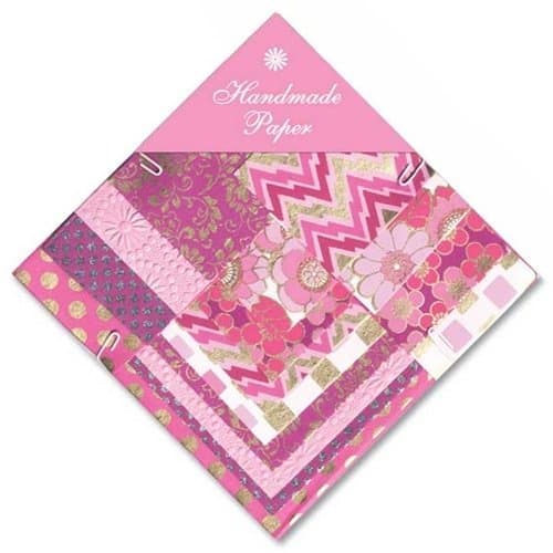Shizen Design, Decorative Handmade Paper Pack, Square Sizes, 16 Sheets of Assorted Paper, Pink and Dark Pink Patterns PP 107