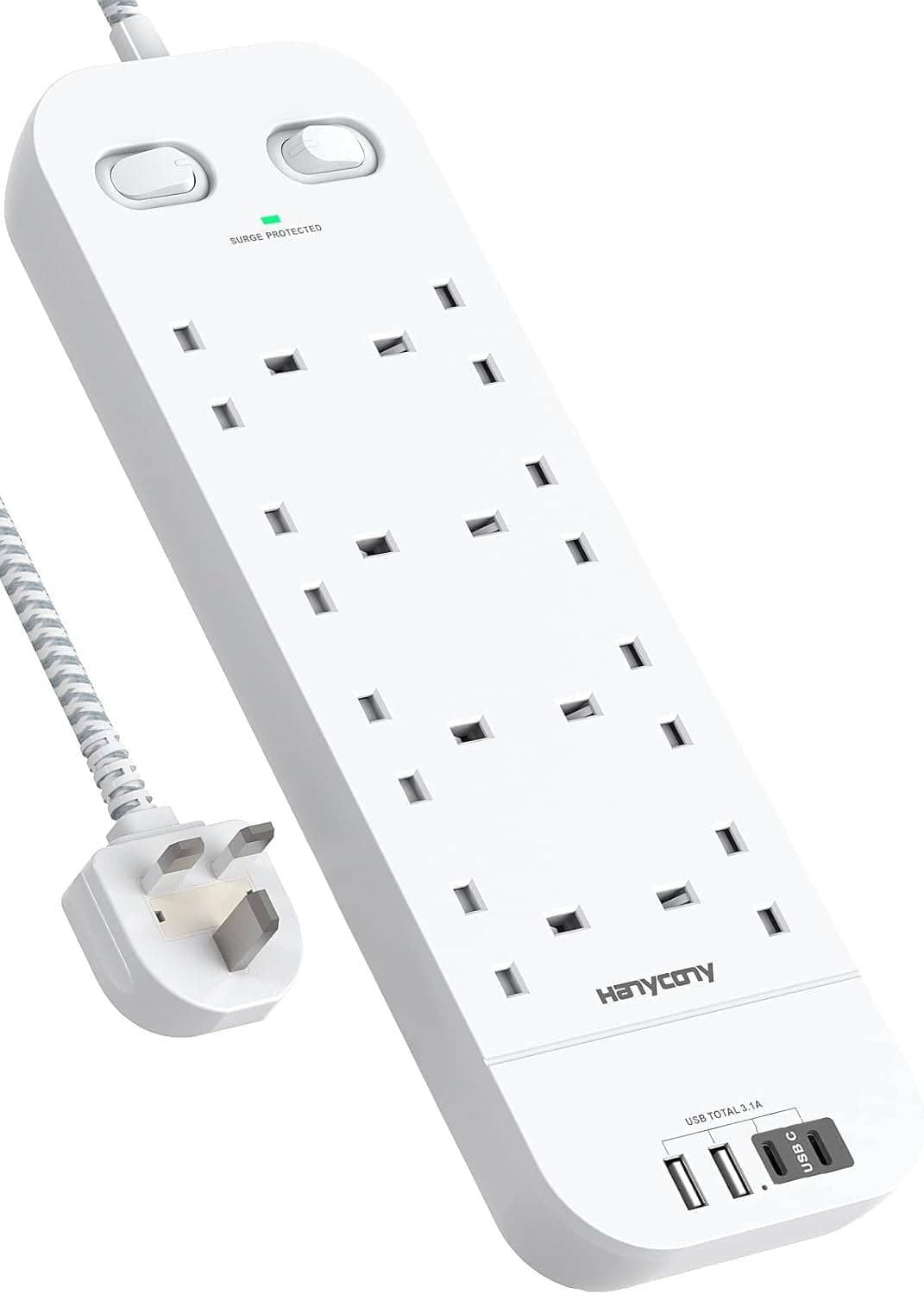 HANYCONY Extension Lead with USB Slots, 8 Way Outlets Power Strip with 4 USB Ports, 1800J Surge Protection Double Switch Plug Extension with 1.8M Braided Extension Cord for Home, Office