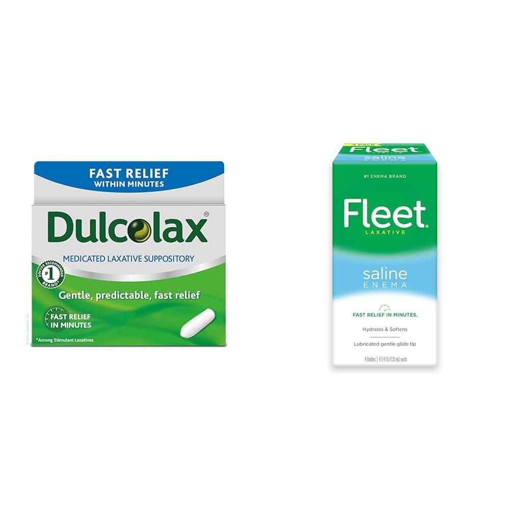 Dulcolax Fast Relief Medicated Laxative Suppositories Fast Relief, Rectal Use Only, Bisacodyl, 10 mg & Fleet Laxative Saline Enema for Adult Constipation, 4.5 fl oz, 4 Bottles