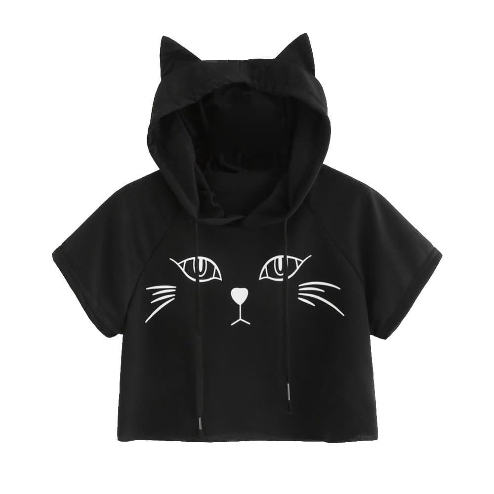 Tanhangguan Womens Tops Cute Cat Print Hoodies Casual Short Sleeve Pullover Crop Top Hoodie Summer T Shirt Blouse