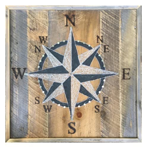 Reclaimed wood framed compass rose wall hanging sign with branded coordinates. Great for beach cottages and nautical decore.