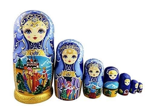 Yxsd Set 7 Pcs Fairy Tale Blue Gold Glazed Toddler Doll Wooden Stacking Toy Traditional Russian Nesting Dolls Handmade Matryoshka Doll Kids Toy Souvenir