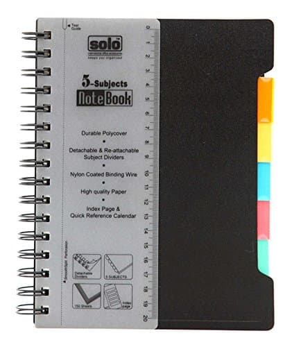 Solo 5-Subjects Spiral Notebook, College Ruled 70 GSM Journal A5 Writing Notebook, 150 Sheets Office Product