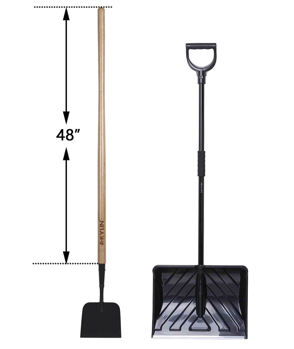 KYLIN Snow Removal Tools Set Including Ice Scraper and Snow Pusher with D-Grip Handle2-Gauge 7’’× 6’’ Steel Plate Forged Sidewalk & Ice Scraper with 48’’Ash Wood Handle