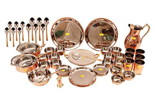 Shiv Shakti Arts® Full Family Complete Steel Copper Thali Dinner Set for Serving Food, Tableware (Hammer Design Big - 63 Pieces)