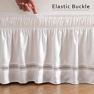 MIYE Wrap Around Ruffled Lace Bed Skirt, Elastic Dust Ruffle with Adjustable Belts, Easy to Put On, Bed Frame Cover, Machine Washable (Ruffled Lace/White, King/Queen-22 Drop)