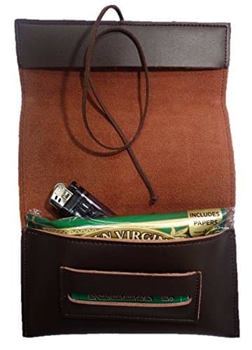 Genuine soft/ durable leather tobacco pouch with roll up strap (Brown)