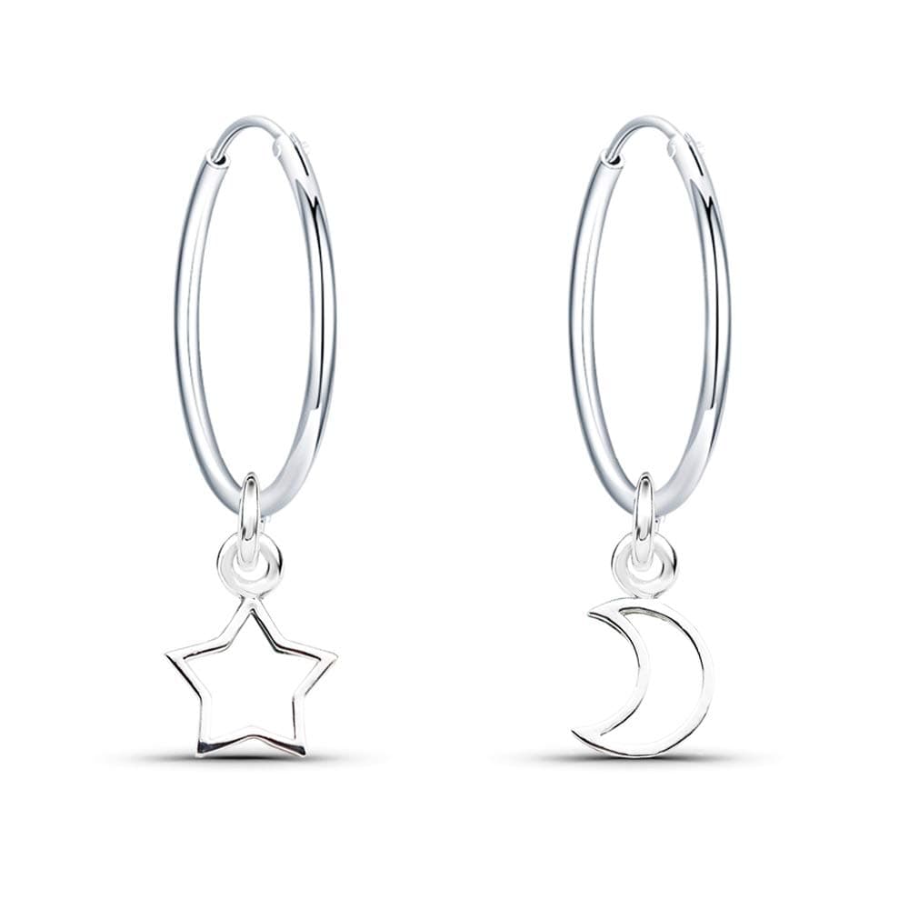 925 Sterling Silver Earrings Dangle Drop Moon and Star Hoop Earrings Diameter 16mm Sleeper Hoops Earrings for Women Girls