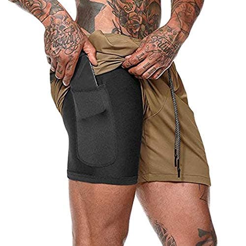 Malavita Men's Workout Running Shorts 2 in 1 with Zipper Pockets Khaki Small