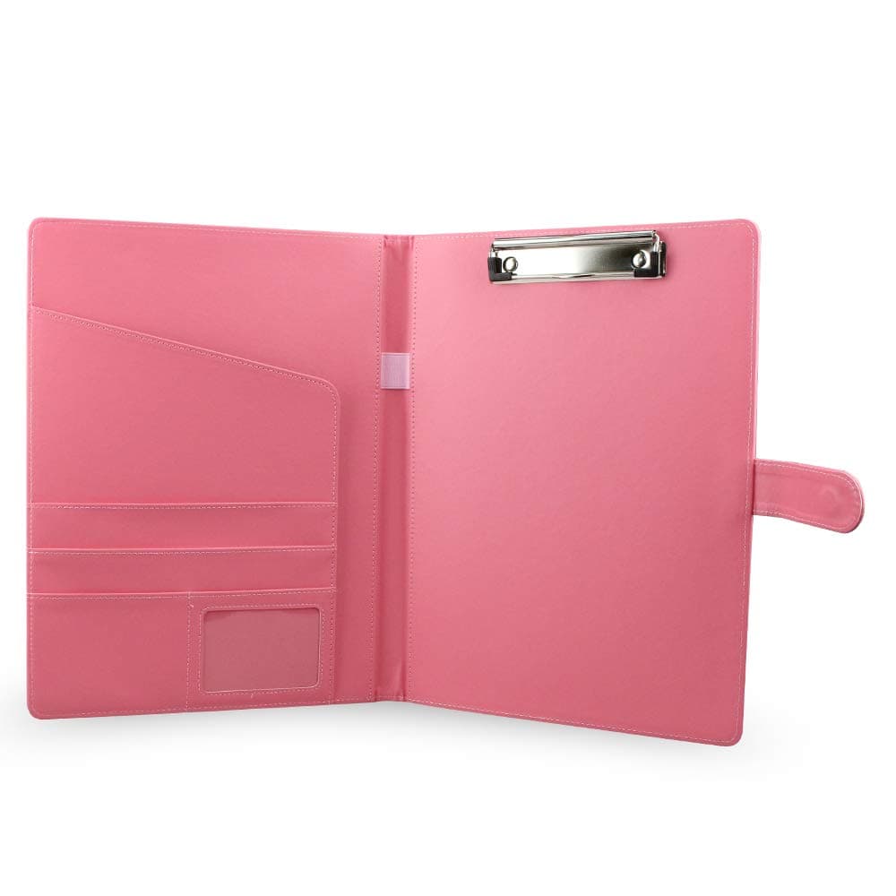 PU Leather Clipboard Folder Portfolio,Resume Storage Clipboard Folder Portfolio with Magnetic Strap Closure,Business Card Holder,Pen Holder, for Office Conference Notepad Clip Board,Pink