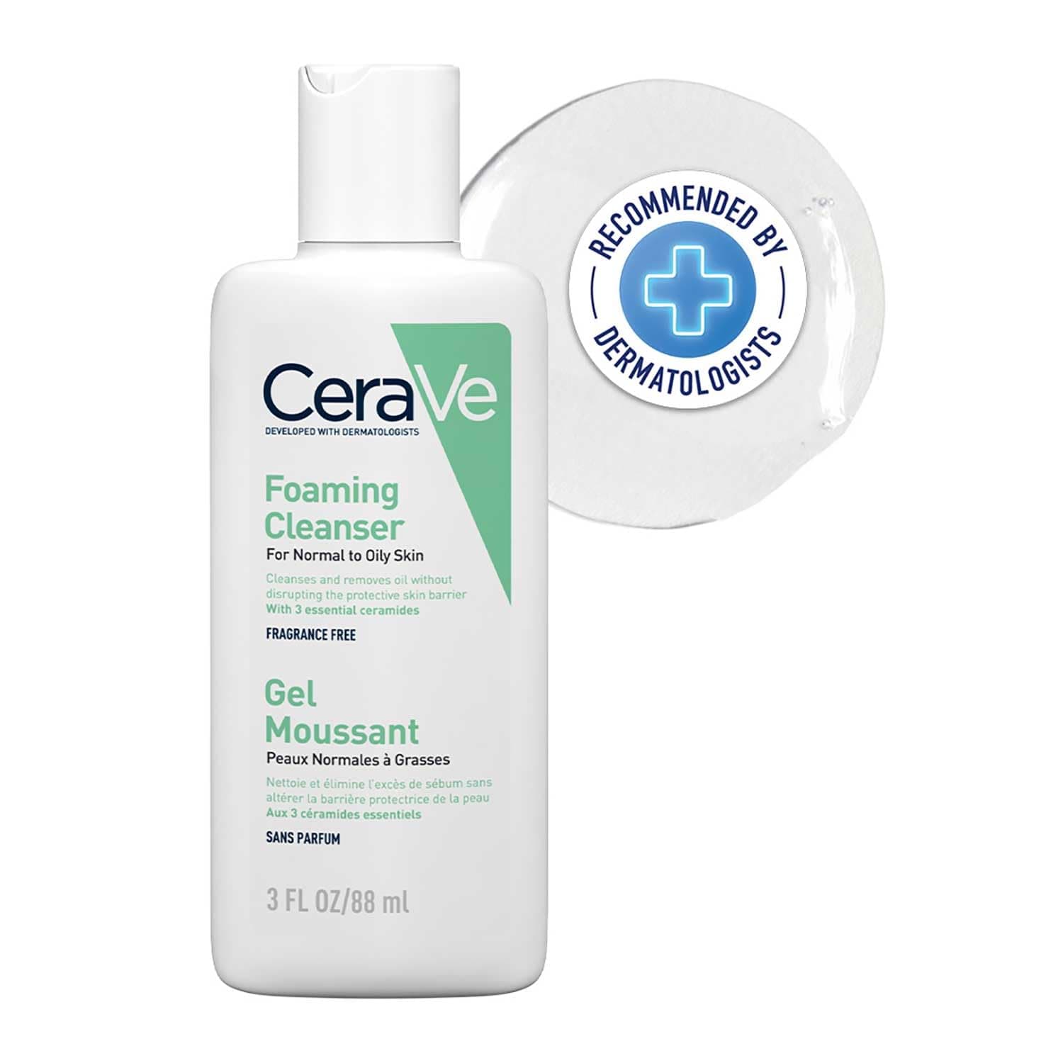 CeraVe Travel Size Foaming Cleanser 88ml, 3 Essential Ceramides, Dermatological Skincare, Hyaluronic Acid, Fragrance-Free, Non-Comedogenic, Suitable for Sensitive Skin