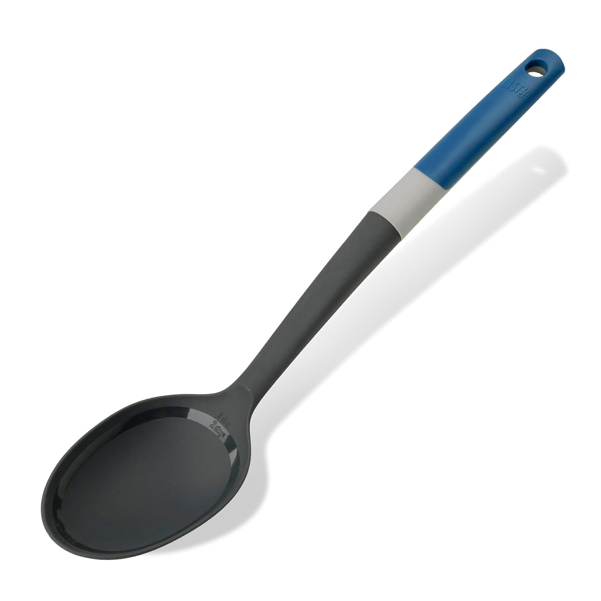 Tasty Serving Spoon with Measurements, Non-Stick Cooking Spoon, Spoon Ladle with Soft Grip Handle, Stirring Spoon, Non-Scratch Kitchen Utensil, Dimensions: 34 x 7 cm, Colours: Dark Blue, Grey