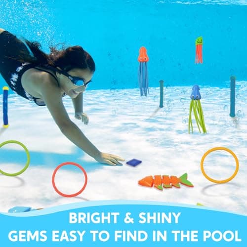 Joyin 30 Pcs Diving Pool Toys Jumbo Set Includes (5) Sticks, 6 Rings Pirate Treasures 4 Toypedo Bandits 3 Toy Balls Fish Stringy Octopus-Multicolor