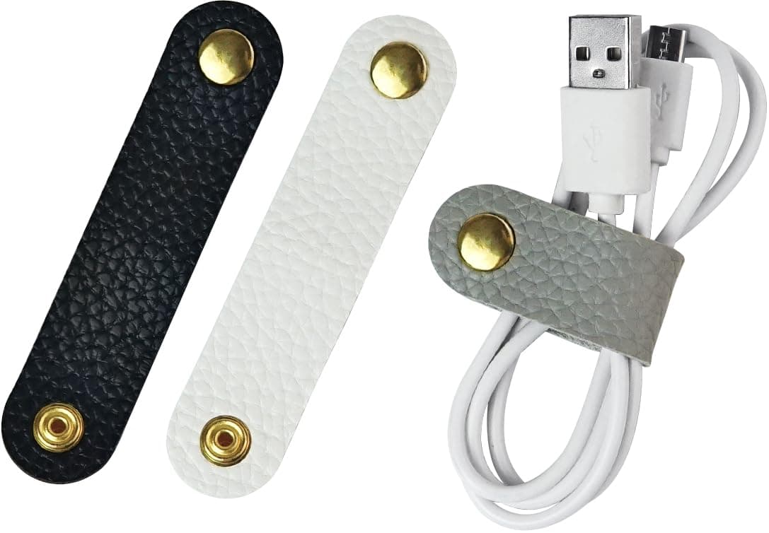 Carrotez Leather Cord Organizer, Cable Organizer for Travel, Cord Keeper, Cable Ties, Cable Straps, Cord Wraps for Charging Cords - 3 pcs (Black/White/Grey)
