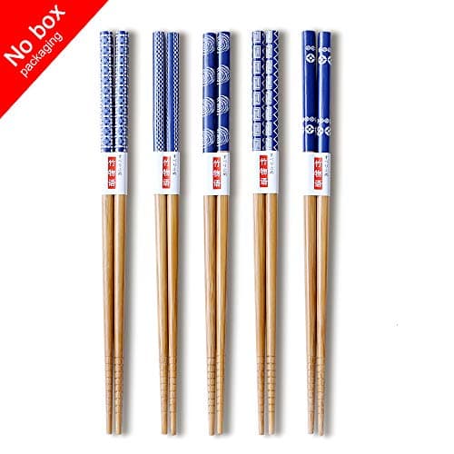 Chopsticks 5 Pairs Japanese Style Bamboo Chop Sticks Natural Reusable Classic Style Chopstick((Porcelain(no box))