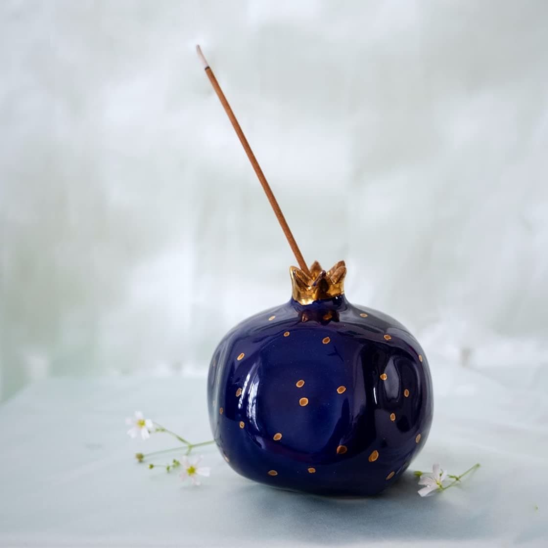 Glimpse Homes | Ceramic Pomegranate Showpiece with Gold Plated Crown, Artificial Fruit, 4 inch (Blinding Blue)