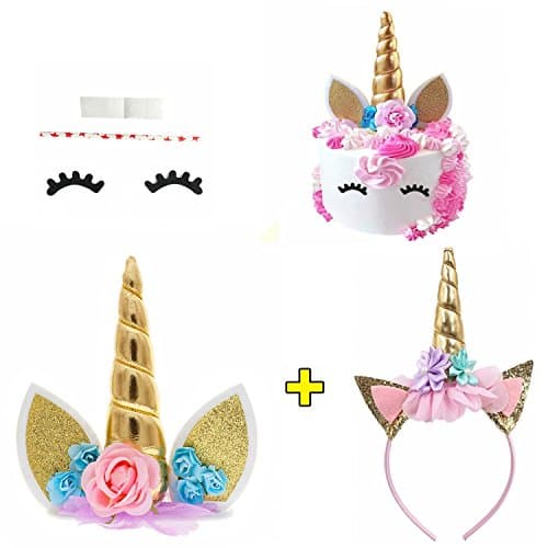 Unicorn Cake Topper with Eyelashes and Unicorn Headband Unicorn Party Supplies for Birthday Party, Baby Shower and Wedding Party(Gold)