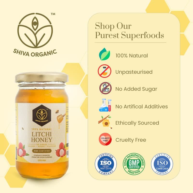 Shiva Organic Litchi Honey 250 grams NMR Tested 100% Natural Healthy and Pure Honey No Added Sugar & Flavour from Litchi flowers