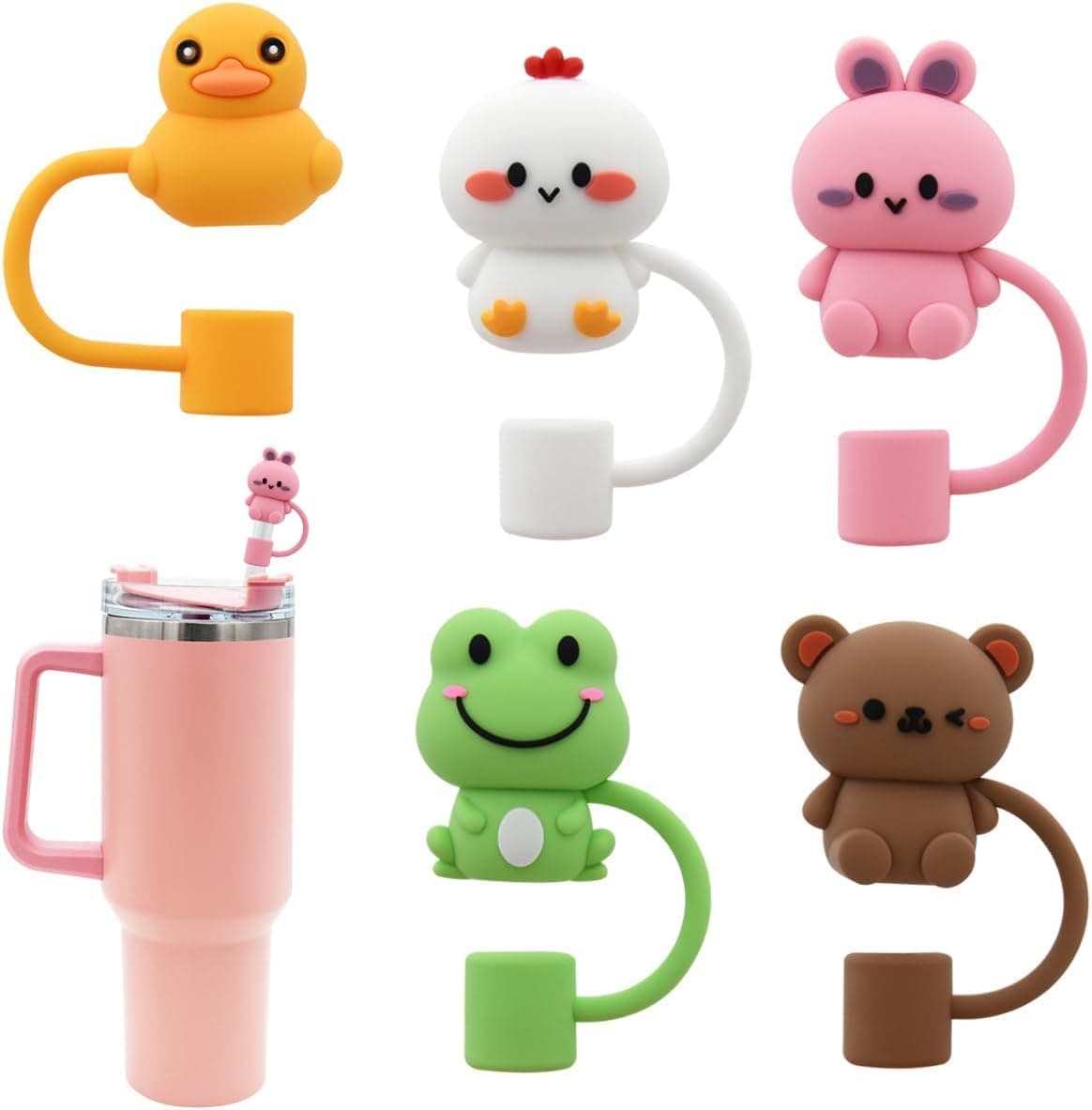 5Pcs Straw Cover Animal Shape, Cover Cap for Stanley Cup,Silicone Topper Compatible with 30&40 Oz Tumbler with Handle,10mm 0.4in Dust-Proof Reusable Straw Tips Lids