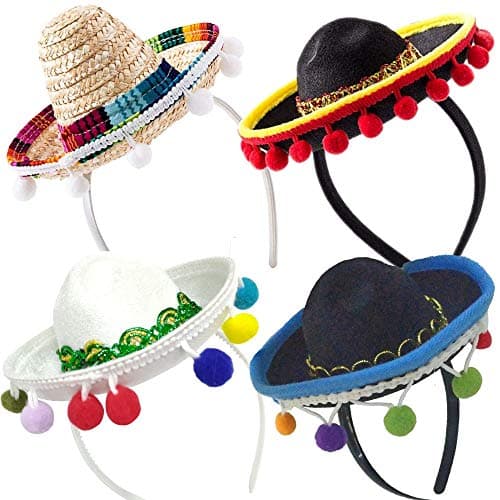 4 PCs Cinco De Mayo Sombrero Headband Hat - Mini Mexican Sombrero Party Hats Decorations for Fiesta Carnival Festivals Birthday Coco Theme and Party Supplies - Sombrero Party Hats White/Black