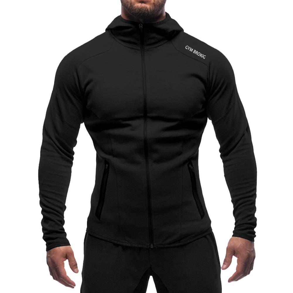Mens Gym Zip Hoodie Sweatshirts, Workout Bodybuilding Fitted Muscle Slim Fit Hoody Jacket With Pockets