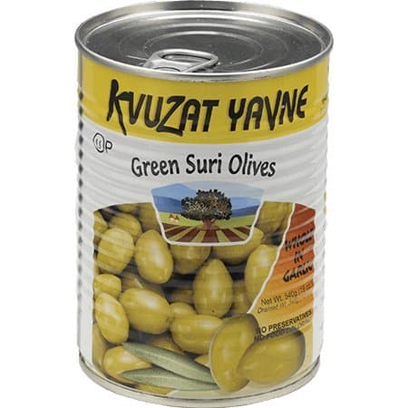 Kvuzat Yavne Green Suri Olives Whole In Garlic 19 Oz. Pk Of 3.